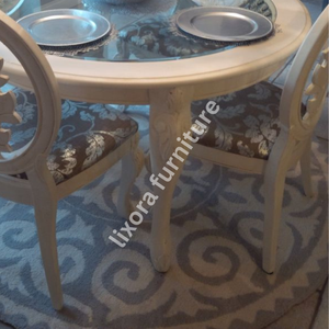 Luxury Handcrafted <b>White</b> Pearl 4 Seater <b>Round</b> Dining <b>Table</b> Set Ornate Carved Chairs Glass Top - Product Image 2