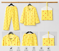 Pyjama en coton à rayures jaunes et imprimé cœur mignon pour femme, ensemble de nuit à manches longues, chef-d'œuvre fait main, cadeau pour elle