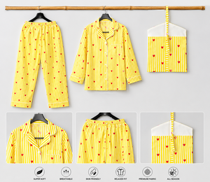 ชุดนอนผ้าฝ้ายลายหัวใจน่ารัก ลายทางสีเหลือง ชุดนอนผู้หญิง แขนยาว งานแฮนด์เมด ชุดนอนสุดหรู ของขวัญสำหรับเธอ - Product Image 2