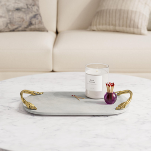 Plateau de service rectangulaire élégant en marbre avec poignées en feuille d'or, design classique, vaisselle à prix avantageux - Product Image 6