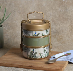 Magenta brass tiffin <b>box</b>, 3 tier ethnic design food carrier, antique geometric pattern metal lunch <b>box</b>, at wholesale prices. - Product Image 5