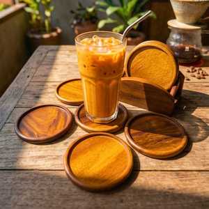 Handcrafted Brown Acacia Coaster Set | Quiet Luxury Sculptural <b>Desk</b> Decor | Japandi Functional Art Executive Gift For Table Deco - Product Image 4