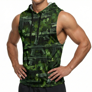 Custom Men's Drop Armhole Sleeveless Hooded Tank Tops Camo Print Gym Workout Muscle Wear Wholesale Athletic Streetwear Tank Tops - Product Image 4
