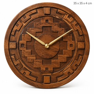 Orologio da Parete Tradizionale Rettangolare Maya a Energia Solare Intagliato per Legno - Vendita all'Ingrosso |   Decorazione Artigianale in Noce con Finitura a Tinta - Product Image 1