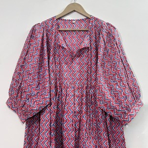 Vestido Midi Casual de Mujer, Tejido 100% Algodón, Mangas Abullonadas, Cintura Imperio, Estilo Babydoll, Cuello en V, Corte Holgado, Estilo Rajasthan - Product Image 1