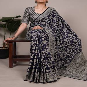 VASTRA COTTAGE Sari de Algodón y Seda con Estampado Floral, Blusa de Algodón y Seda sin Coser, Colección de Ropa Étnica Elegante - Product Image 1