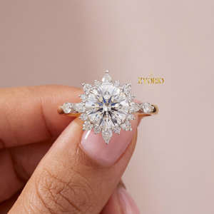 Bague de fiançailles de luxe en or 14K 18K avec halo floral de diamants ronds cultivés en laboratoire, certifiée IGI, bijoux de mariée pour femmes - Product Image 1