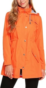Women's Orange Hooded Windbreaker <b>Jacket</b> Full Sleeve Drawstring Closure Waterproof Casual <b>Long</b> Length Outerwear - Product Image 2