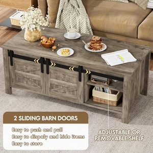 Mesa de Centro Rústica Estilo Granja con Puerta Corredera y Estante de Almacenamiento, Hecha con Madera Sólida para Sala de Estar - Product Image 3