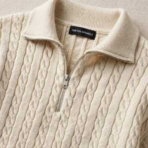 Pull en laine tricoté à col zippé pour homme, couleur unie, coupe classique, anti-boulochage, tissu tricoté, manches longues, décontracté - Product Image 6