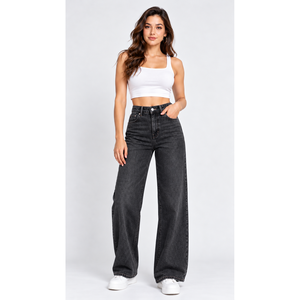 Jean en denim décontracté à taille haute pour femme avec poches plaquées, noir délavé - Product Image 1