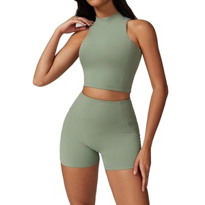 Women's Floral Print Spandex/<b>Nylon</b> Breathable Four-Way Stretch Yoga Set High Waist Vest Strapless <b>Shorts</b> Quick Dry 2-Piece - Product Image 3