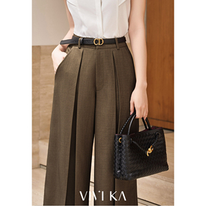 กางเกงขายาวทรงขาบานจีบสีน้ำตาลเอวสูงมีซิปสำหรับผู้หญิง รุ่น VIVI KA สไตล์หรูหรา เหมาะสำหรับใส่ทำงานหรือใส่ลำลองในฤดูใบไม้ร่วง - Product Image 3