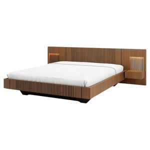 Modern Teak Wood Platform <b>Bed</b> with <b>LED</b> Headboard and Floating Nightstand Design - Product Image 1