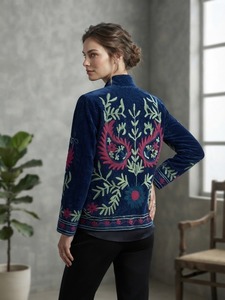 Royal Blue Suzani <b>Velvet</b> <b>Jacket</b> <b>for</b> <b>Women</b> Handmade Floral Embroidery Boho Ethnic Boutique Wholesale Fashion Outerwear Supplier - Product Image 2