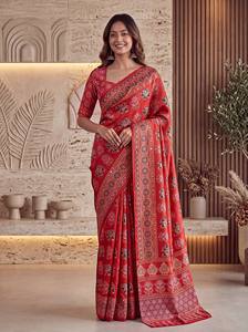 Artisan Ajrak Print Crap Silk <b>Saree</b> With Real Mirror Handwork Unstitched Blouse Festive Wedding Traditional Regional Clothing - Product Image 6
