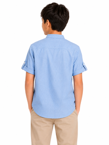<b>Boys</b> Sky Blue Mandarin Collar Kurta Shirt Casual Cotton Short Sleeve Ethnic Wear for Kids Stylish Roll <b>Up</b> Sleeve Kurta Top Trend - Product Image 3