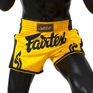 Shorts de combat Fairtex OEM Club Label, double couleur noir-jaune, coupe latérale, design par sublimation, shorts de Muay Thai, taille élastique - Product Image 4