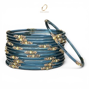 Bracelets de mariée indiens de luxe, bracelets en verre bleu kashmiri tendance, cristaux floraux, pour mariage et occasions festives, prix de gros - Product Image 2