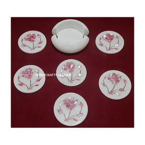 Hermoso juego de posavasos decorativos para el hogar, de mármol blanco, forma redonda y diseño con incrustaciones florales, en la mejor gama de precios asequibles. - Product Image 4