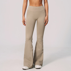 <b>High</b> <b>Waist</b> Full Length <b>Flared</b> Leg Yoga <b>Leggings</b> Solid Blue Seamless Stretch With Logo On <b>Waist</b> For Women - Product Image 3