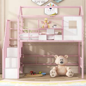 Letto a soppalco in metallo rosa con design del tetto unico e contenitore portaoggetti per bambini - Product Image 3