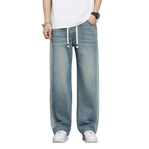 Men's Vintage Loose Fit Baggy Straight Denim Pants Summer Thin Soft Wide Leg <b>Jeans</b> <b>Elastic</b> Drawstring <b>Waist</b> Streetwear Winter - Product Image 2