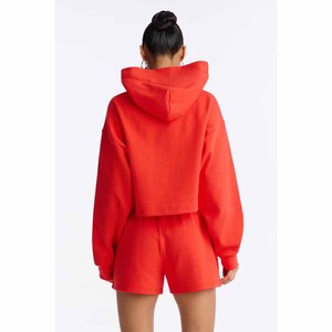 Women's <b>Red</b> Fleece Hooded <b>Crop</b> <b>Top</b> Shorts Set Casual Two Piece Outfit Loose Fit Spring Summer Solid Color Knitted Sweatwear - Product Image 2