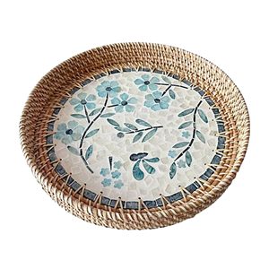 Wholesale Natural <b>Mother</b> of Pearl Tray with Rattan Edge, Luxury Shell Inlay Serving Platter, Vietnam Handicraft Manufacturer - Product Image 2