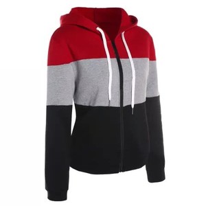 Premium Women's Color Blocked Zip Up Hoodie Full Sleeve Knitted <b>Red</b> Gray <b>Black</b> Hooded Athletic <b>Top</b> Contrast Drawstring OEM - Product Image 6