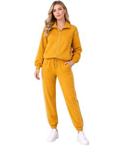 Ensemble de survêtement jaune moutarde personnalisé pour femme, veste zippée en mélange de coton et pantalon de jogging, tenue décontractée et sportive deux pièces - Product Image 1
