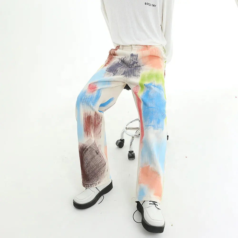 Nieuwste Design Jeans Broek Custom Hiphop Baggy Jeans Met Graffiti Beschilderde Broek Mannen