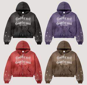 Hoodie zippé grande taille fabriqué en usine, 100% coton, épais, effet vieilli vintage, impression sérigraphique personnalisée. - Product Image 1