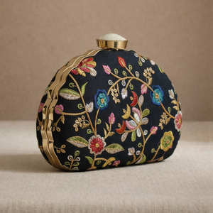 Black Floral Zari Embroidery <b>Clutch</b> Bag Designer Party Handbag for Women <b>Wedding</b> Occasions - Product Image 4