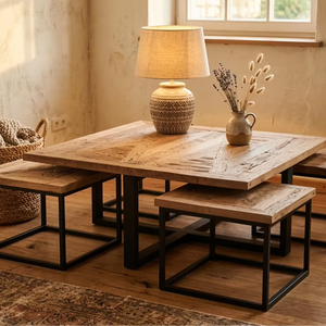 Juego de 5 Mesas de Centro Apilables de Madera de Teca Sólida Radeo Premium, Estilo Escandinavo Moderno con Acabado Natural para Sala de Estar - Product Image 4