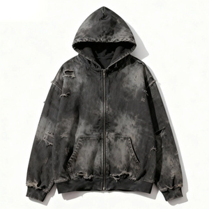 Custom Embroidered Distressed Acid Wash <b>Zip</b>-Up Hoodie Heavyweight 100% Cotton Vintage Washed Oversized Streetwear Men's OEM - Product Image 4