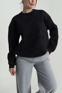 Sweat-shirt rose tricoté surdimensionné doublé 100 % coton avec manches à volants en forme de cœur, grande taille, épaules tombantes, col rond, long, automne/hiver - Product Image 2