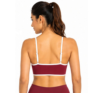 Women's Maroon Sports Bra <b>White</b> Contrast Binding Scoop Neck Spaghetti Strap Medium Support Yoga <b>Top</b> Breathable Seamless Design - Product Image 3