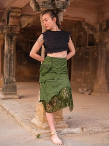 Falda Bohemia Verde Oliva con Volantes y Encaje, Asimétrica, a Media Pantorrilla, Estilo Vestido de Verano para Mujer - Product Image 3