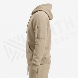 Survêtement beige à capuche pour homme, sweat-shirt zippé avec poches latérales et pantalon de jogging à cordon de serrage, tenue décontractée d'automne, couleur unie, coton - Product Image 3