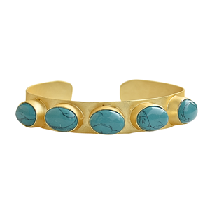 Bracelet manchette en laiton plaqué or 18 carats fait main, serti de pierres turquoise, motif géométrique, style vintage, bijoux de fiançailles pour femme - Product Image 1