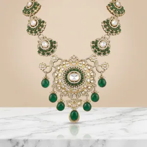 Glamorous Gold Plated Emerald Zircon Necklace <b>Set</b> With Flower Design For <b>Women</b> Wedding Jewelry Vintage Style - Product Image 1