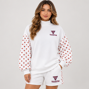 Women's White Polka Sleeve Fleece Mock Neck 2-Piece <b>Shorts</b> <b>Set</b> Drop Shoulder Sweatshirt Matching <b>Shorts</b> Custom Wholesale - Product Image 1