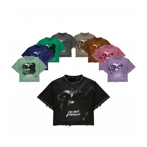 Offre Spéciale Été – T-shirt 100% Coton Délavé à l'Acide avec Logo Imprimé DTG, Ourlet Brut Confortable, Style Hip Hop Respirant, Strass - Product Image 1