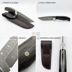 มีดพับเหล็กดามัสกัสทำมือ พร้อมด้ามไม้ คลิปหนีบกระเป๋า และปลอกหนัง - Product Image 6