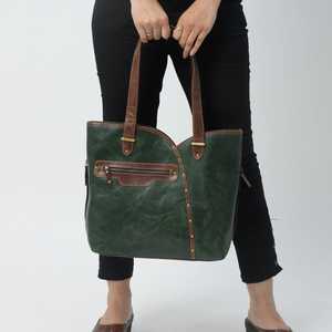 Bolso Tote de Cuero Genuino de Lujo con Logotipo Personalizado, Bolso de Mano Vintage Verde para Mujer - Product Image 1