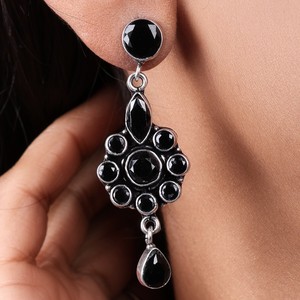 Black Onyx Oxidized Silver Bohemian Flower Drop Earrings Brass Ethnic Wedding Jewelry Wholesale - Product Image 2