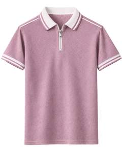 Polo de hombre personalizado con media cremallera, rosa empolvado con cuello blanco a rayas, manga corta, tejido texturizado, top informal, OEM personalizado - Product Image 1