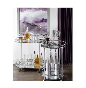 Luxury Polished Silver Round <b>Serving</b> Cart 2 Layer Metal Utility Beverage <b>Trolley</b> with Clear Tempered Glass Tiers - Product Image 3