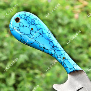 Cuchillo de acero inoxidable OEM al por mayor, tipo Bull Cutter, para vaqueros y ranchos, con hoja fija, mango de madera, funda de cuero personalizada, herramienta para camping al aire libre - Product Image 4